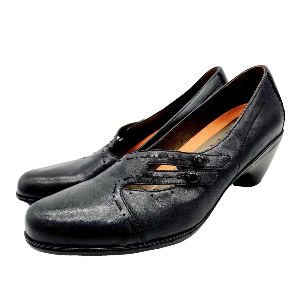 Clarks Unstructured Womens 9N Black Leather Heeled Loafers Shoes SN 86461